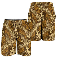 Brown Gold Monstera Shorts for Men Polynesian Tribal Pattern - Polynesian Pride