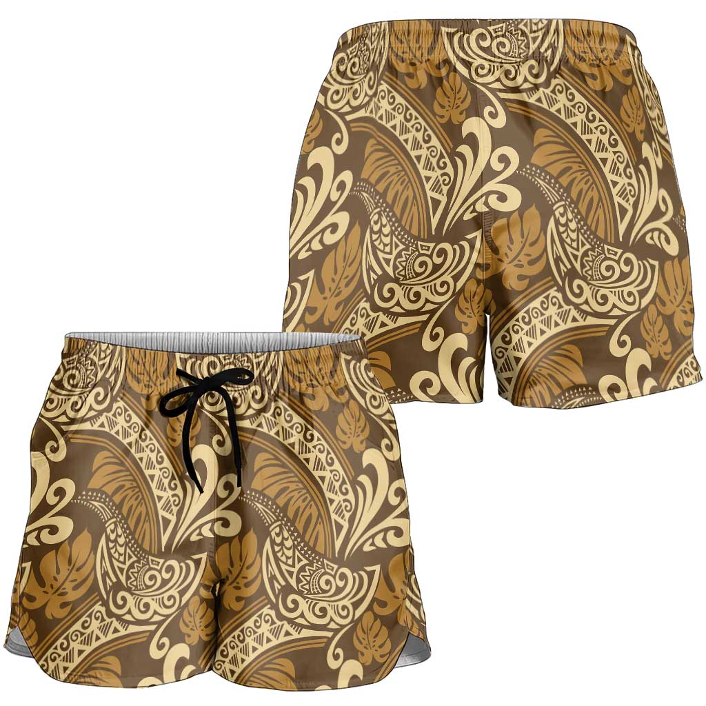 Brown Gold Monstera Shorts for Women Polynesian Tribal Pattern - Polynesian Pride