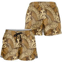 Brown Gold Monstera Shorts for Women Polynesian Tribal Pattern - Polynesian Pride