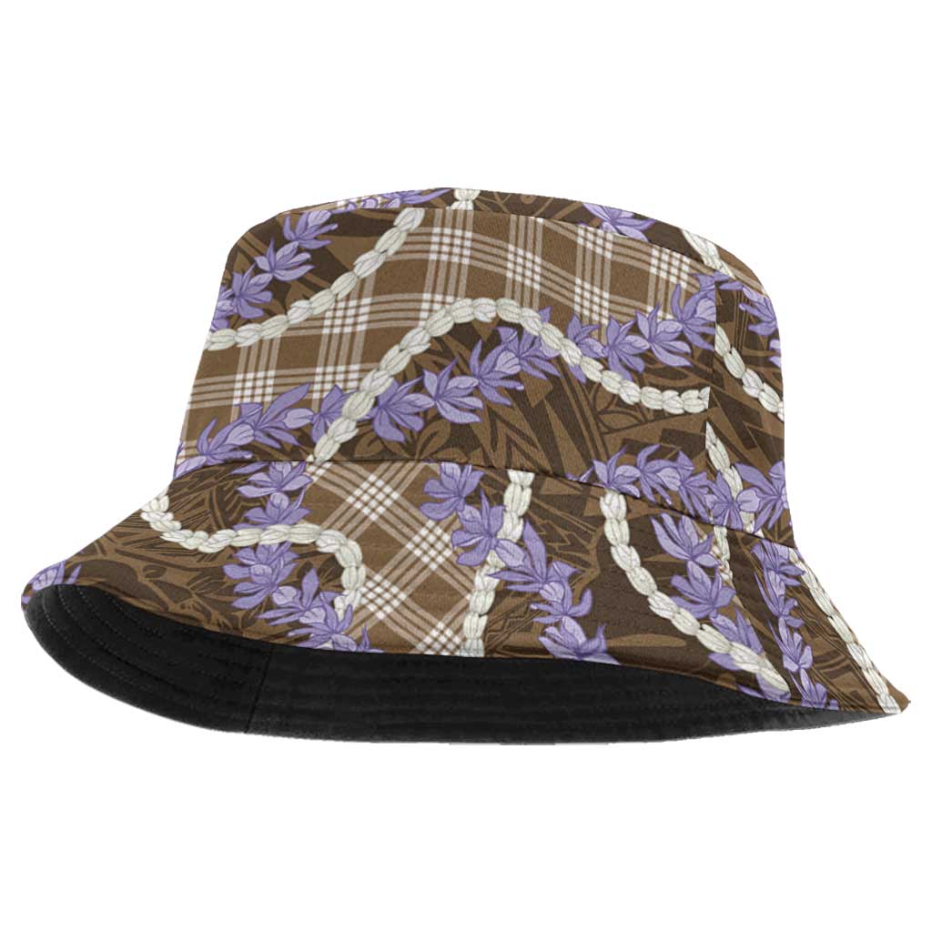 Brown Hawaii Palaka Honohono Pikake Bucket Hat Hawaiian Orchid Lei Polynesian Pattern - Polynesian Pride