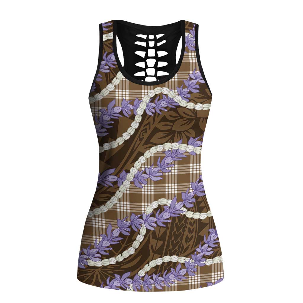 Brown Hawaii Palaka Honohono Pikake Hollow Tank Top Hawaiian Orchid Lei Polynesian Pattern - Polynesian Pride