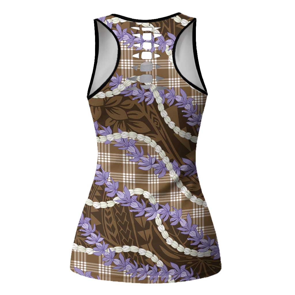 Brown Hawaii Palaka Honohono Pikake Hollow Tank Top Hawaiian Orchid Lei Polynesian Pattern - Polynesian Pride