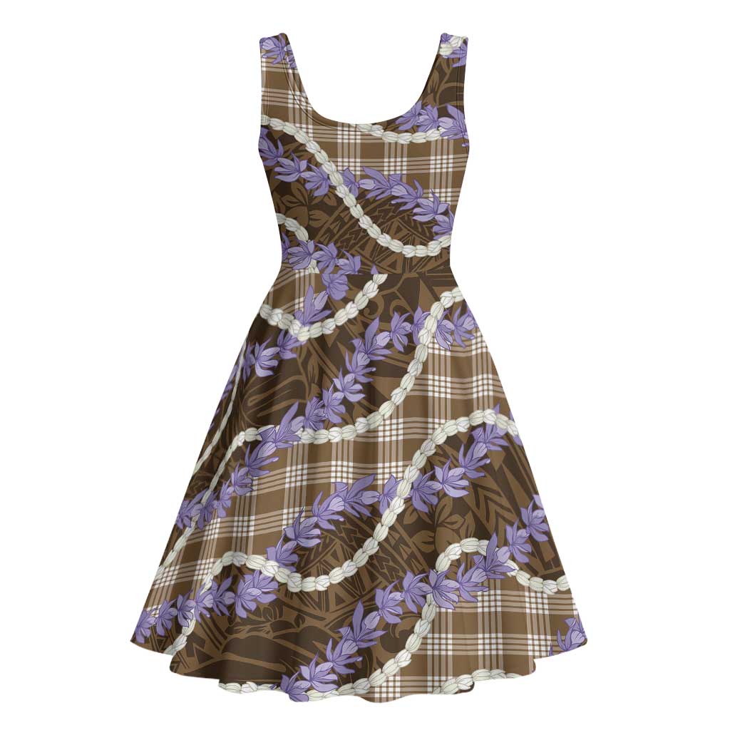 Brown Hawaii Palaka Honohono Pikake Midi Dress Hawaiian Orchid Lei Polynesian Pattern - Polynesian Pride