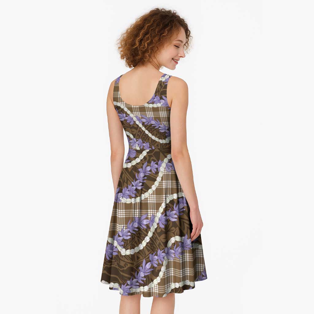 Brown Hawaii Palaka Honohono Pikake Midi Dress Hawaiian Orchid Lei Polynesian Pattern - Polynesian Pride