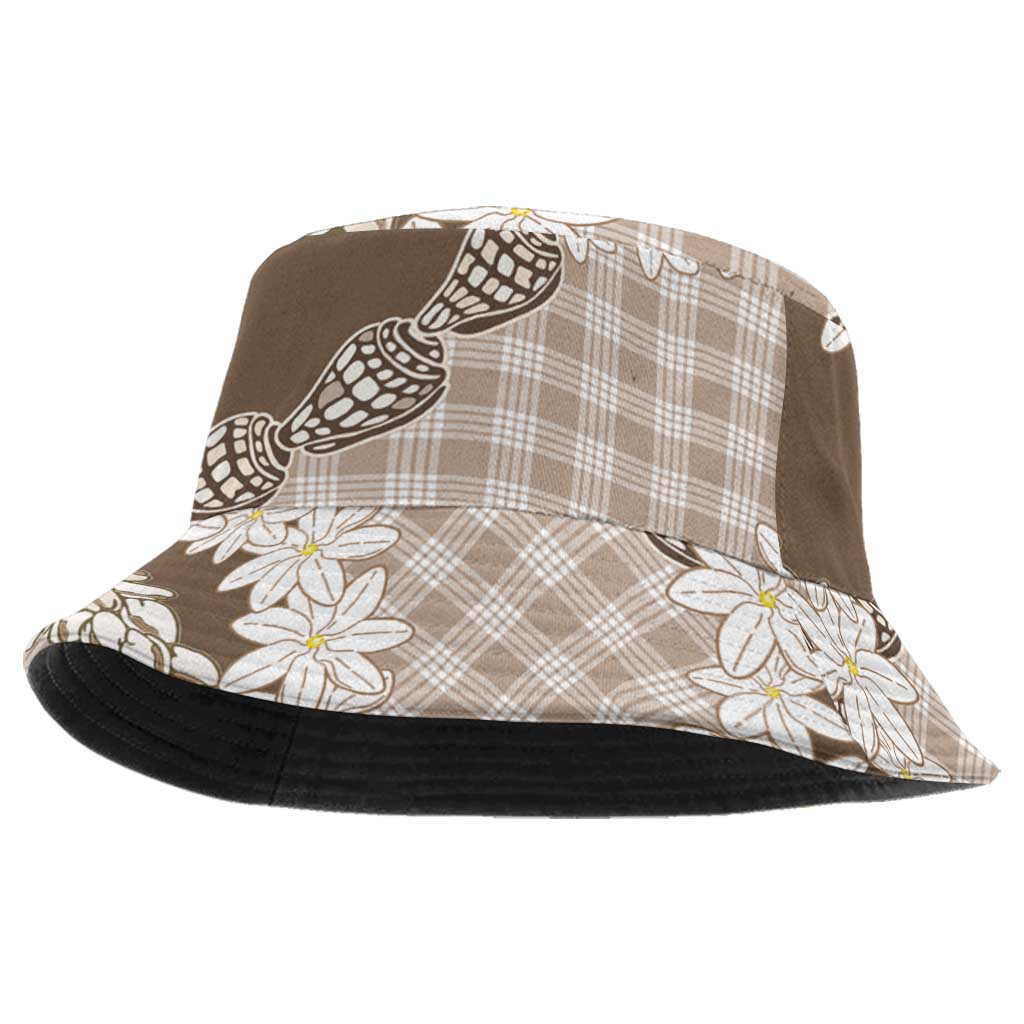 Brown Hawaii Tiare and Shell Lei Bucket Hat Hawaiian Palaka Luxury Vibes - Polynesian Pride
