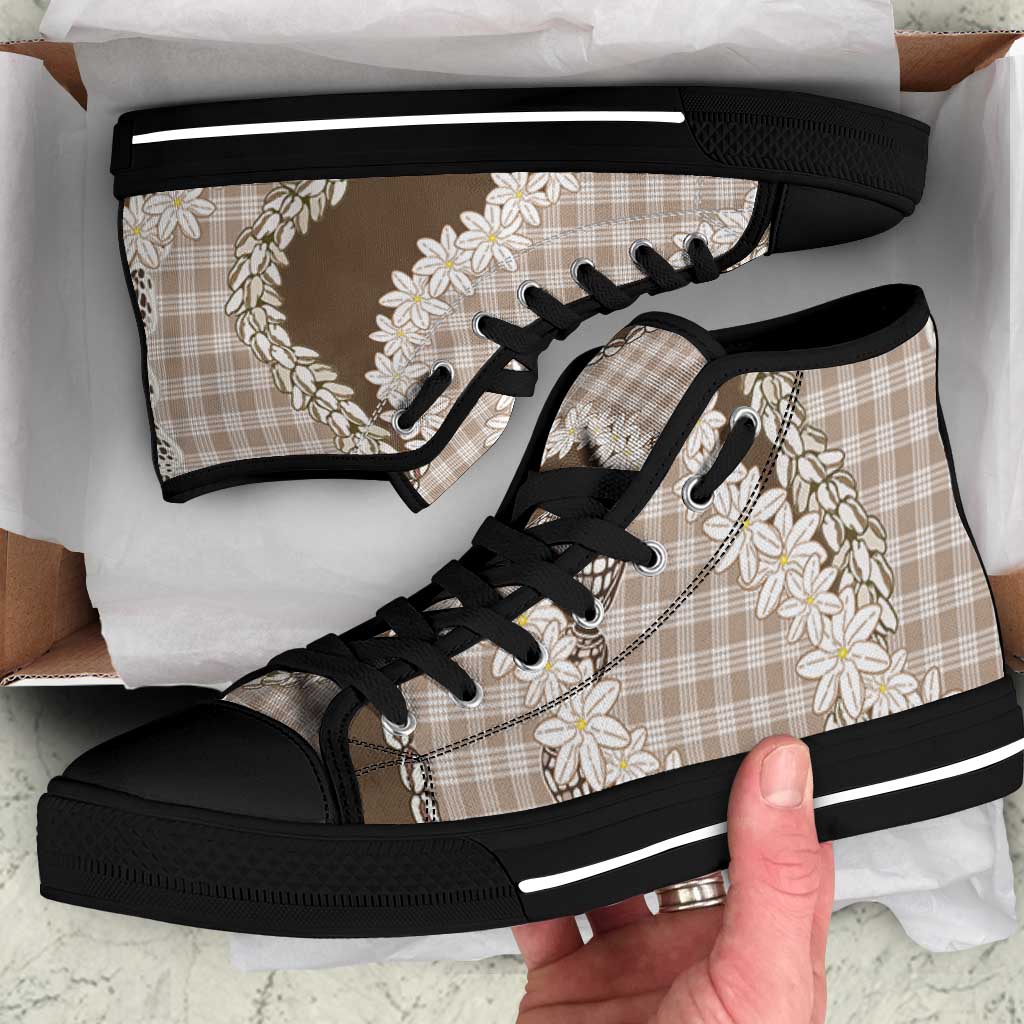 Brown Hawaii Tiare and Shell Lei High Top Shoes Hawaiian Palaka Luxury Vibes - Polynesian Pride