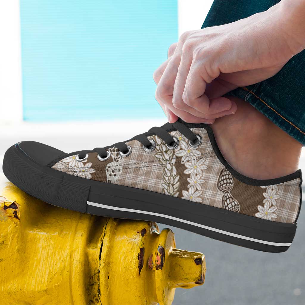 Brown Hawaii Tiare and Shell Lei Low Top Shoes Hawaiian Palaka Luxury Vibes - Polynesian Pride