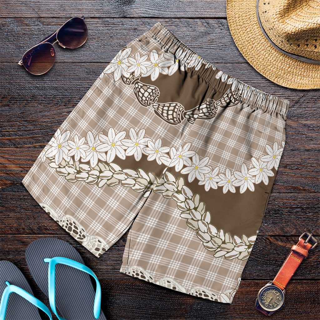 Brown Hawaii Tiare and Shell Lei Shorts for Men Hawaiian Palaka Luxury Vibes - Polynesian Pride