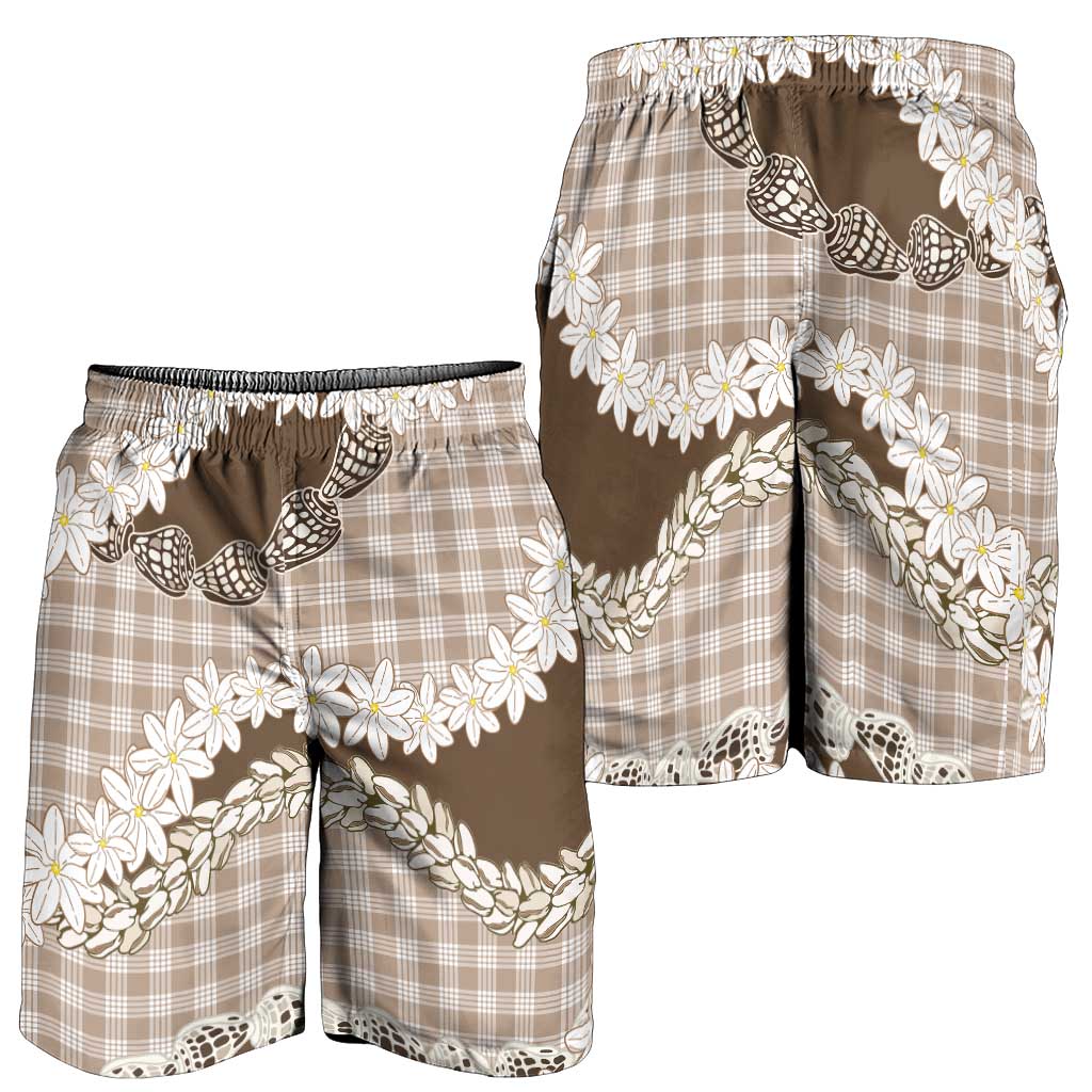 Brown Hawaii Tiare and Shell Lei Shorts for Men Hawaiian Palaka Luxury Vibes - Polynesian Pride