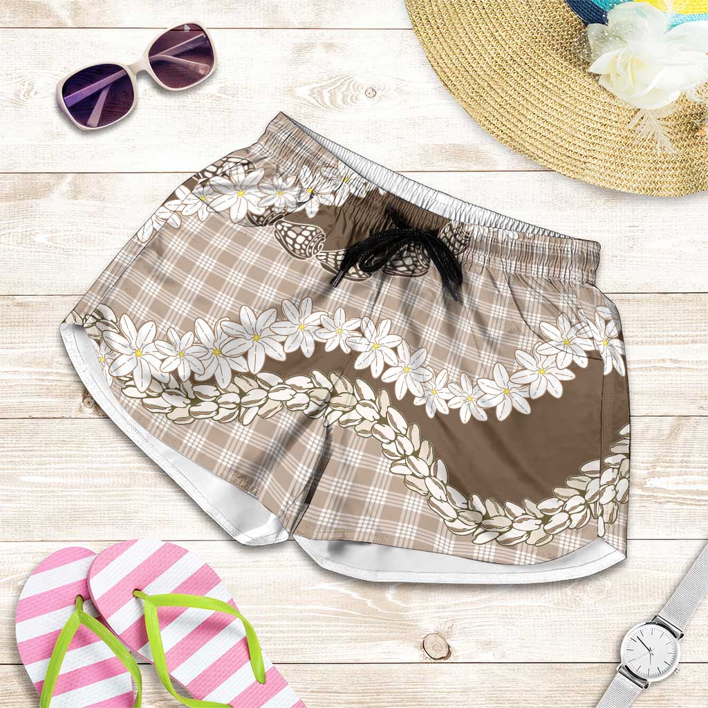 Brown Hawaii Tiare and Shell Lei Shorts for Women Hawaiian Palaka Luxury Vibes - Polynesian Pride