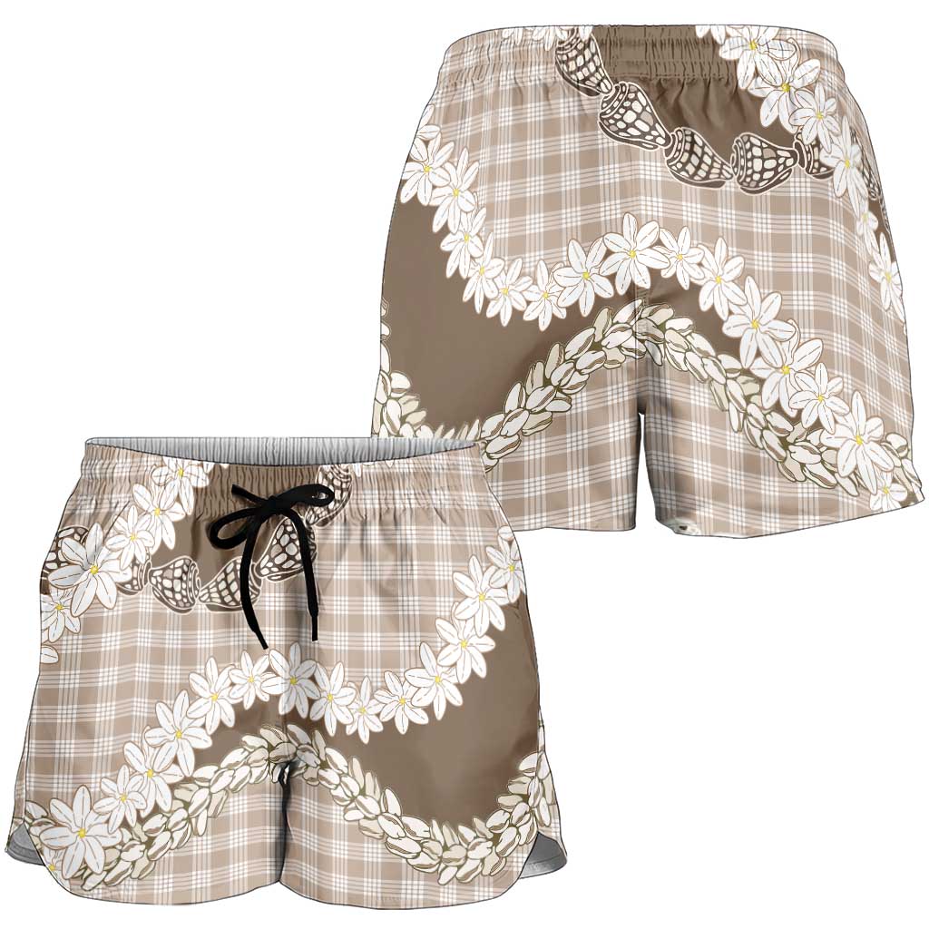 Brown Hawaii Tiare and Shell Lei Shorts for Women Hawaiian Palaka Luxury Vibes - Polynesian Pride