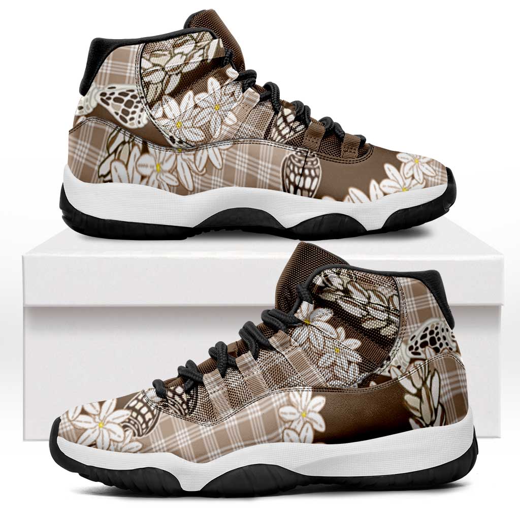 Brown Hawaii Tiare and Shell Lei Sneakers J11 Hawaiian Palaka Luxury Vibes - Polynesian Pride
