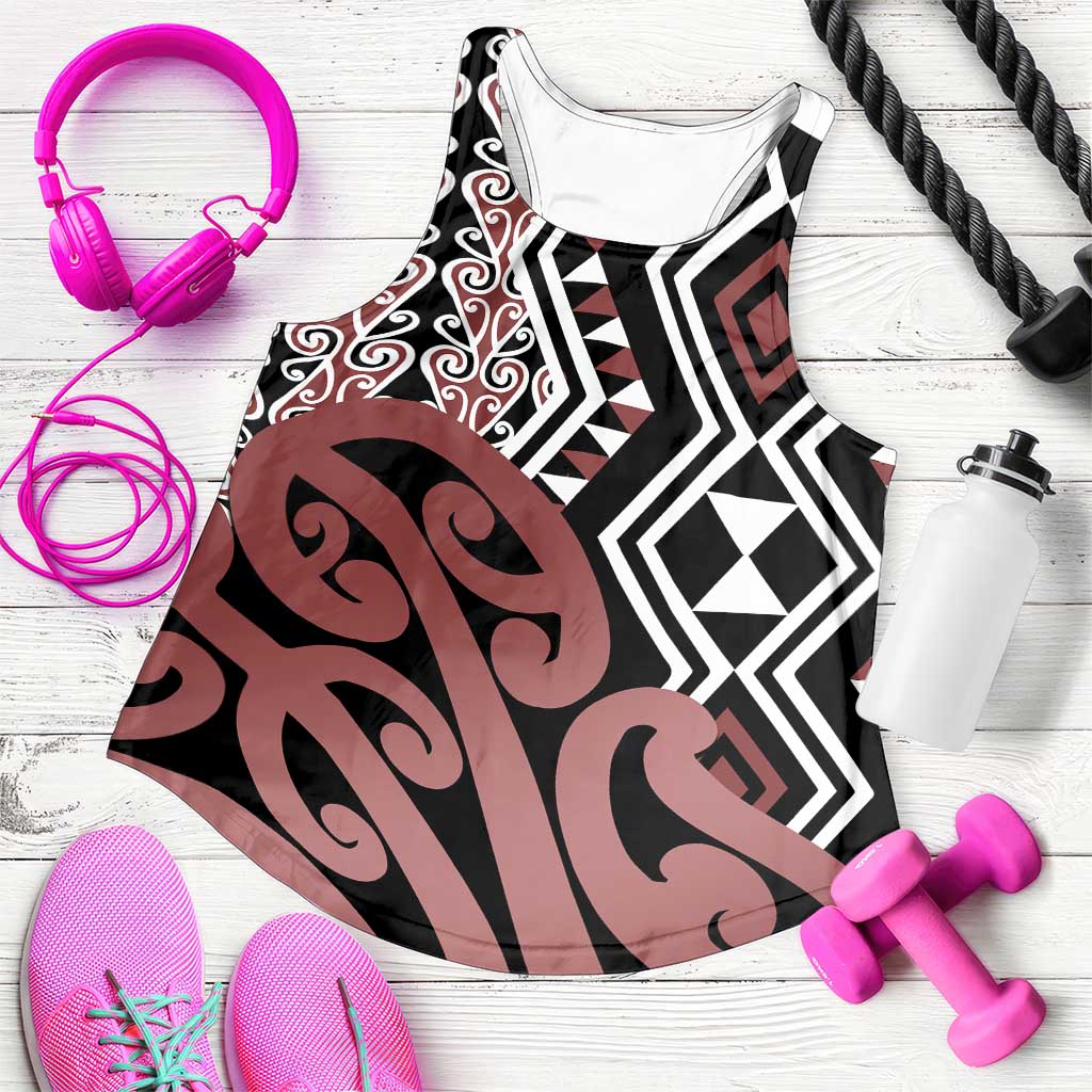 Brown New Zealand Women Racerback Tank Aotearoa Kowhaiwhai Mix Taniko Art LT14