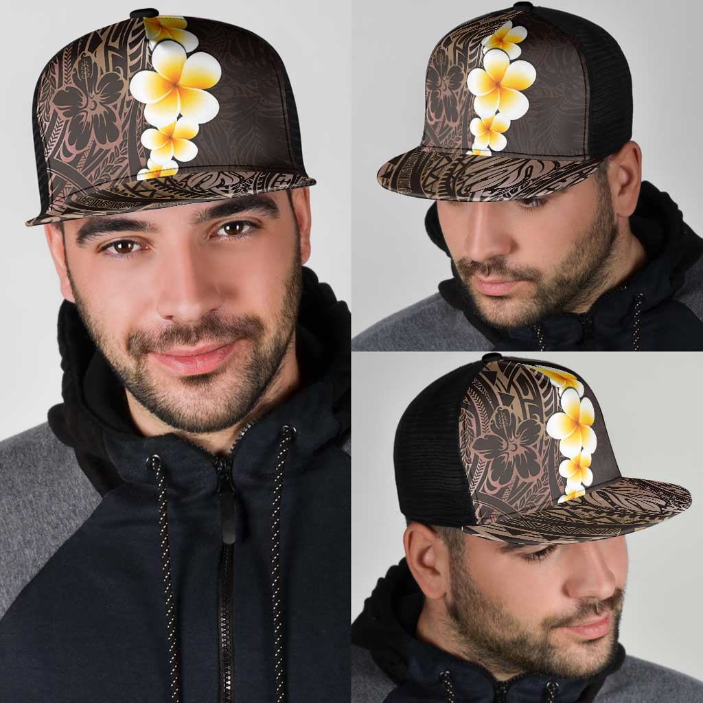 Brown Polynesia Mesh Trucker Cap Plumeria Tropical Leaves With Galaxy Polynesian Art - Polynesian Pride