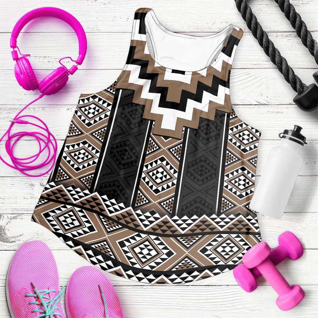 Brown Taniko Aotearoa Women Racerback Tank Niho Taniwha Mix Poutama LT14 Brown - Polynesian Pride