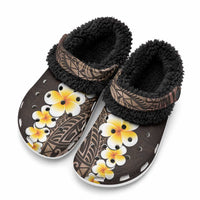 Brown Tropical Plumeria With Galaxy Polynesian Art Fleece Clogs