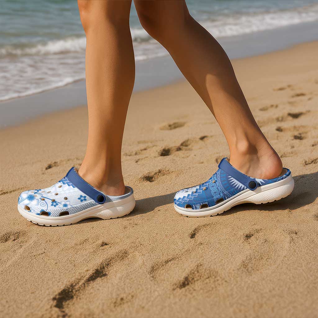Bula Fiji Clogs Shoes Blue Plumeria Masi Tapa Pattern LT05 - Polynesian Pride