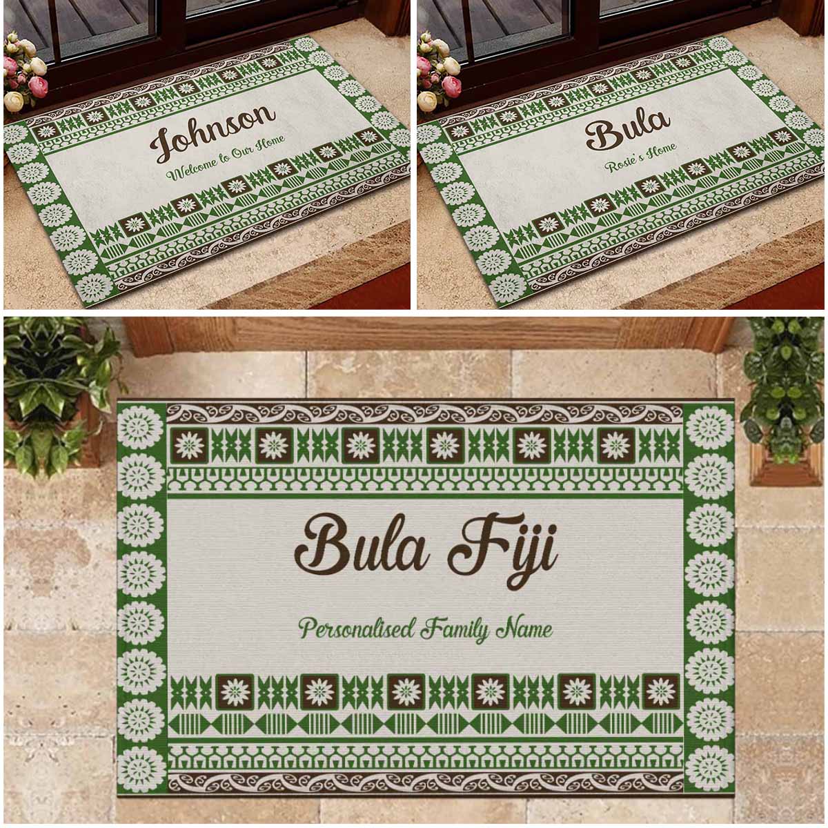 A custom doormat featuring a green Fijian Tribal Tapa pattern with a personalized family name at the center