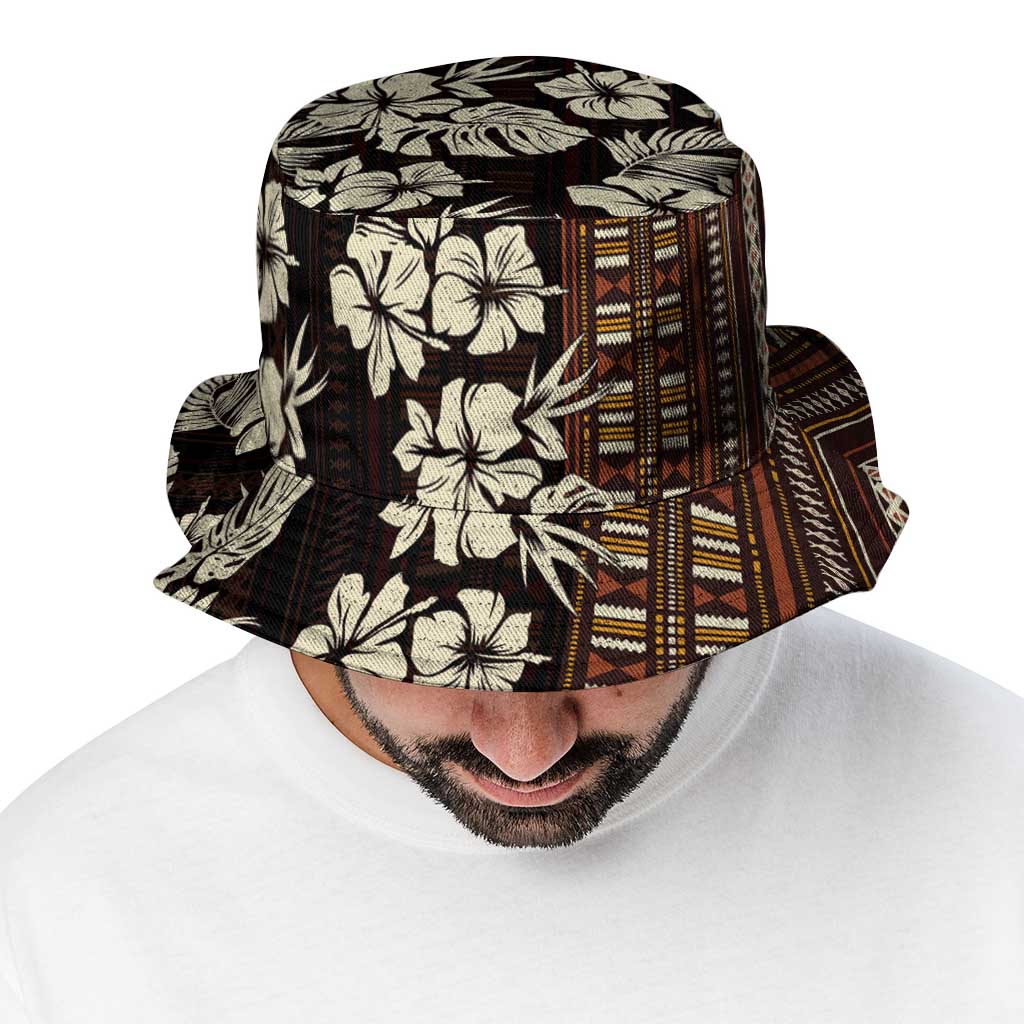 Bula Fiji Masi Bucket Hat Tapa Tropical Hibiscus Half Stylized - Polynesian Pride