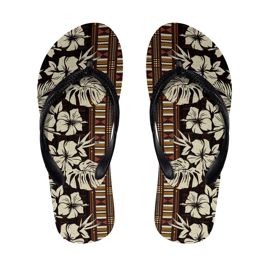 Bula Fiji Masi Flip Flops Tapa Tropical Hibiscus Half Stylized LT14 Brown - Polynesian Pride