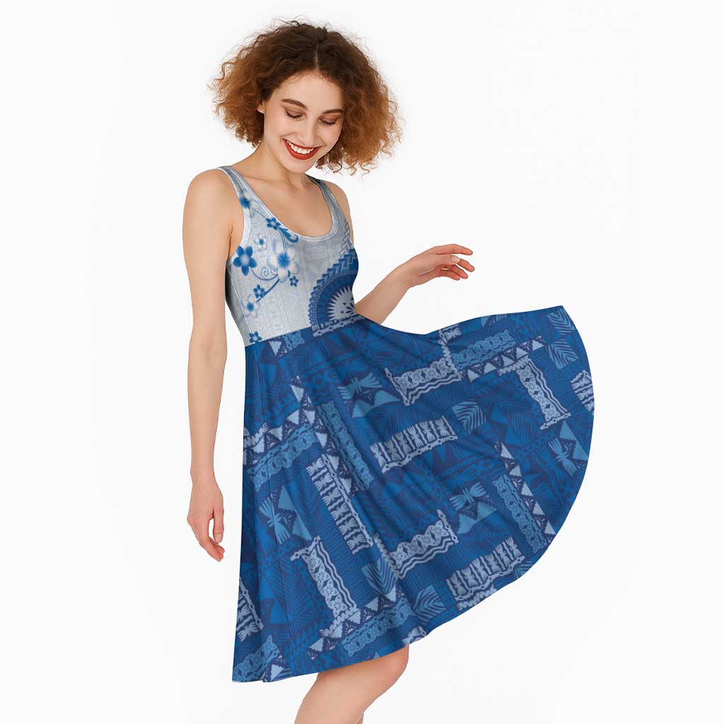 Bula Fiji Midi Dress Blue Plumeria Masi Tapa Pattern - Polynesian Pride