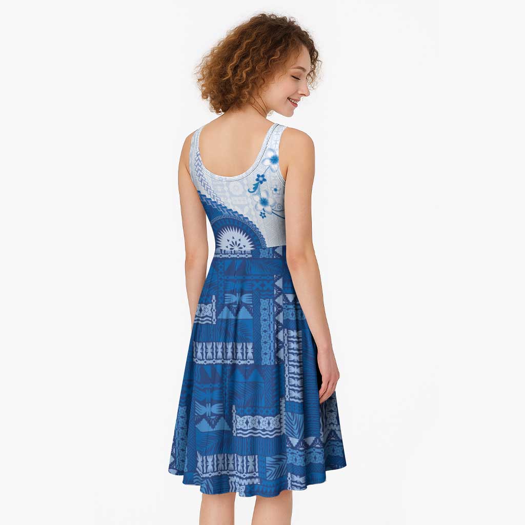 Bula Fiji Midi Dress Blue Plumeria Masi Tapa Pattern - Polynesian Pride