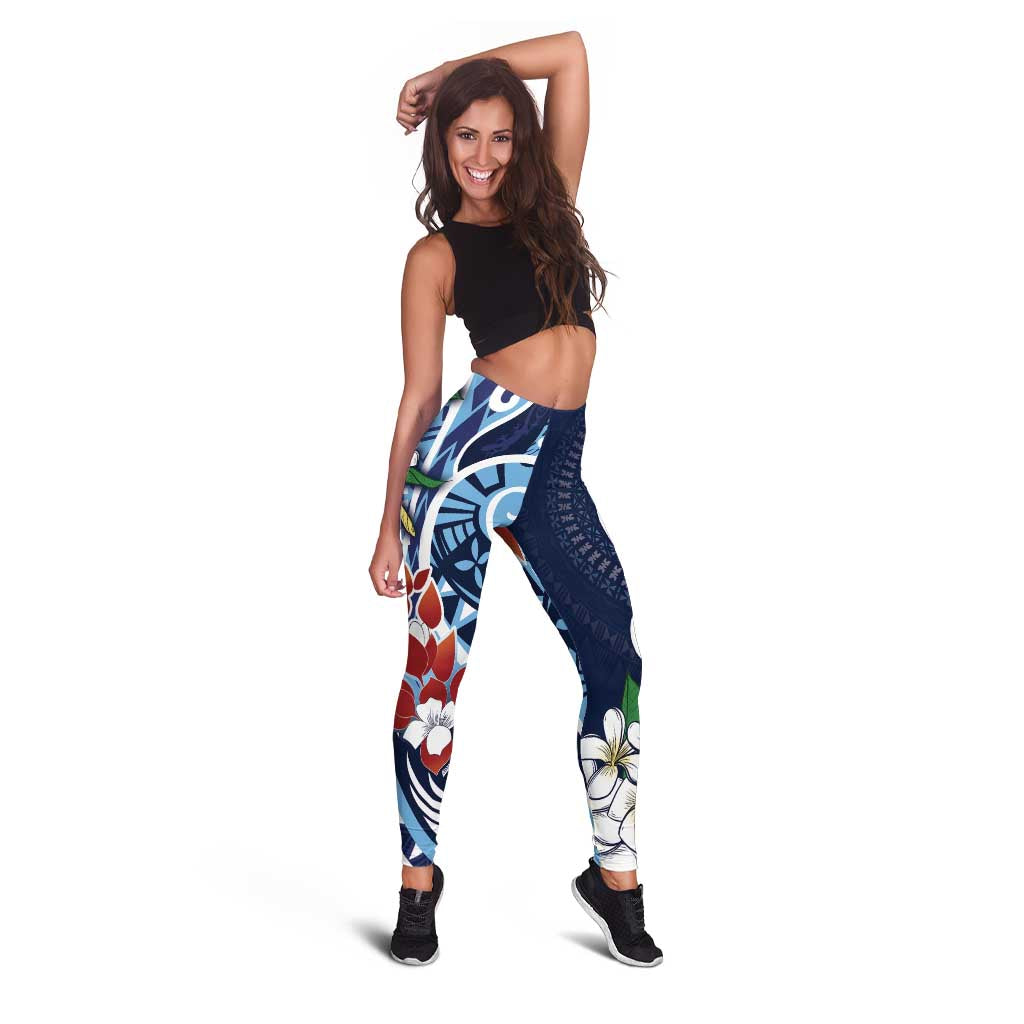 Bula Fiji Tagimaucia Mix Plumeria Masi Tapa Leggings Blue LT7 - Polynesian Pride
