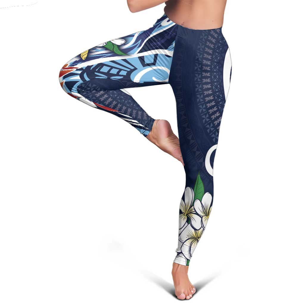 Bula Fiji Tagimaucia Mix Plumeria Masi Tapa Leggings Blue LT7 - Polynesian Pride