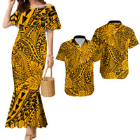 Hawaii Couples Matching Mermaid Dress and Hawaiian Shirt Gold Polynesian Tribal Art LT14
