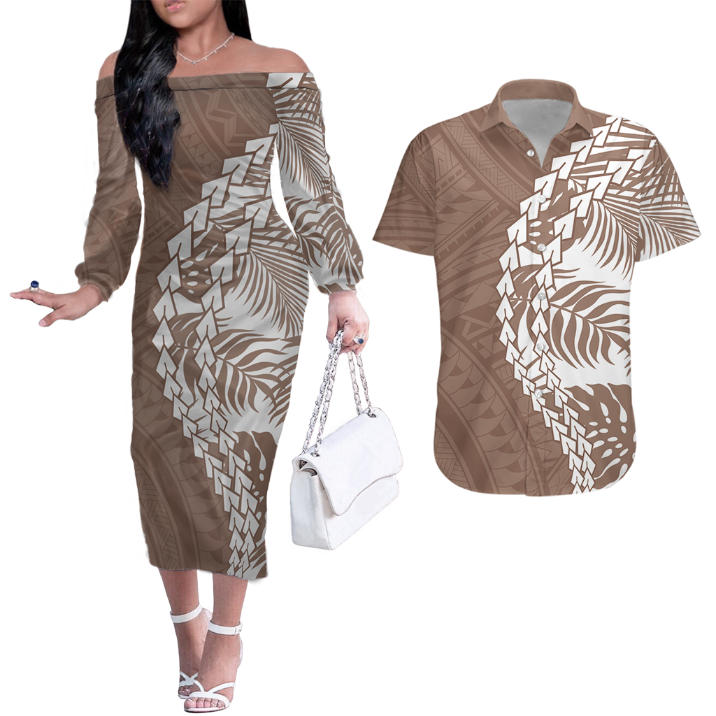 Polynesian Tribal Couples Matching Hawaiian Outfits Combo Long Sleeve Dress And Hawaiian Shirt - Tropical Brown LT7 Brown - Polynesian Pride