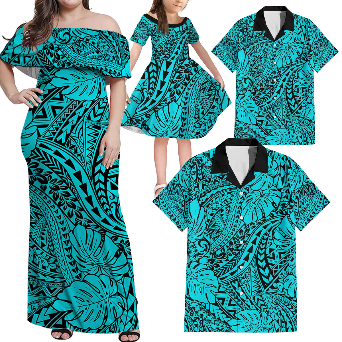 Turquoise Hawaii Family Matching Off Shoulder Maxi Dress And Hawaiian Shirt Tribal Art LT14 Dad's Shirt - 6XL - Polynesian Pride