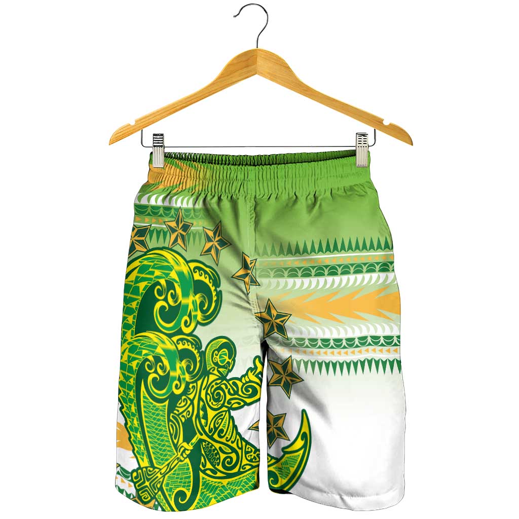 Cook Islands Va'a Race Shorts for Men Te Tatau Tattoos Sporty Style Green-White Color - Polynesian Pride