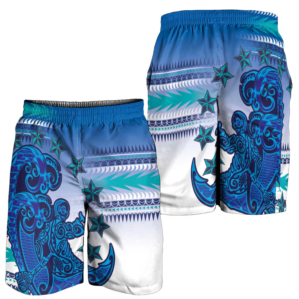 Cook Islands Va'a Race Shorts for Men Te Tatau Tattoos Sporty Style Light Blue Color - Polynesian Pride