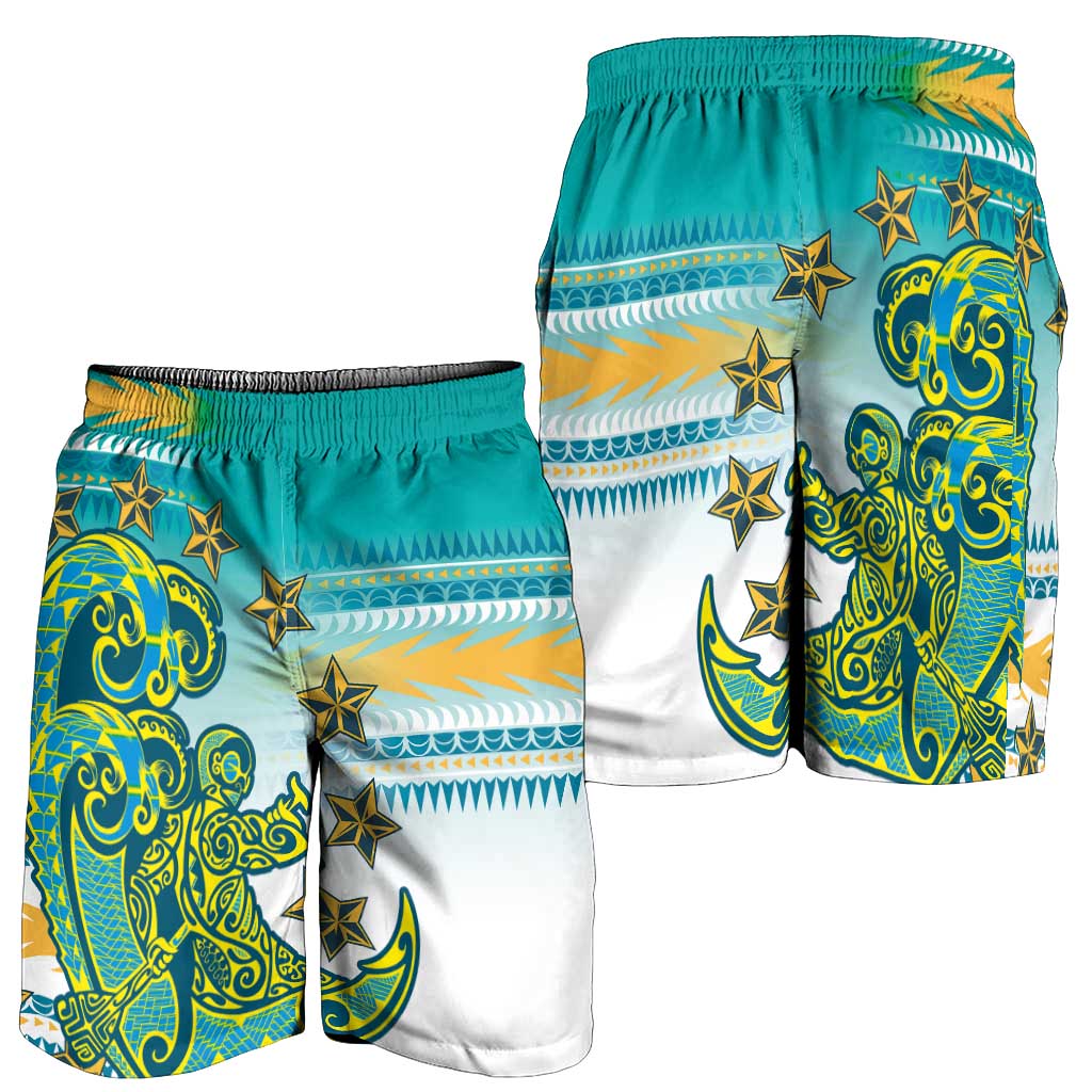 Cook Islands Va'a Race Shorts for Men Te Tatau Tattoos Sporty Style Turquoise Color - Polynesian Pride
