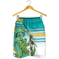 Cook Islands Va'a Race Shorts for Men Te Tatau Tattoos Sporty Style Turquoise Color - Polynesian Pride