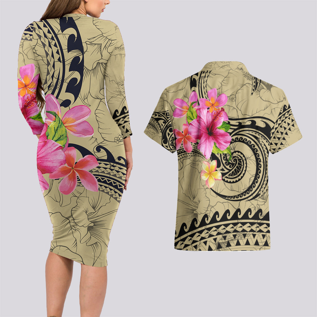 Matching Outfit For Couples Hawaii Tropical Flowers Polynesian Tribal Wave Bodycon Dress And Hawaii Shirt