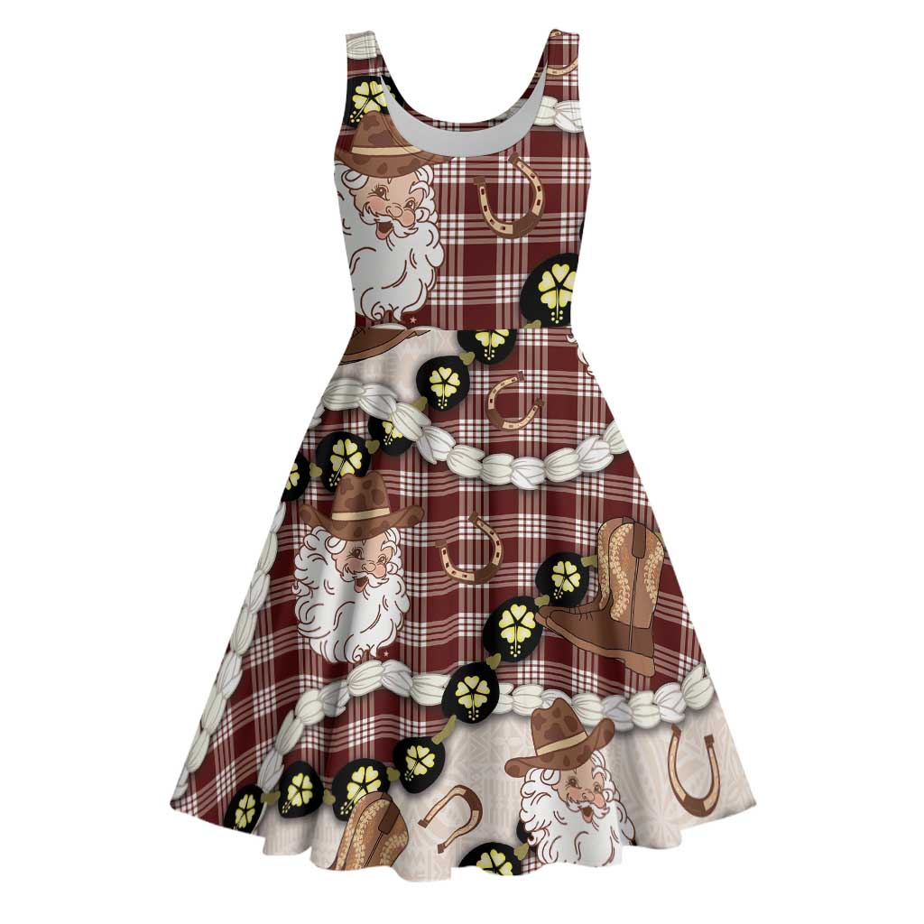 Cowboy Hawaii Mele Kalikimaka Midi Dress Paniolo Kukui Nut Pikake Lei Burgundy Version - Polynesian Pride