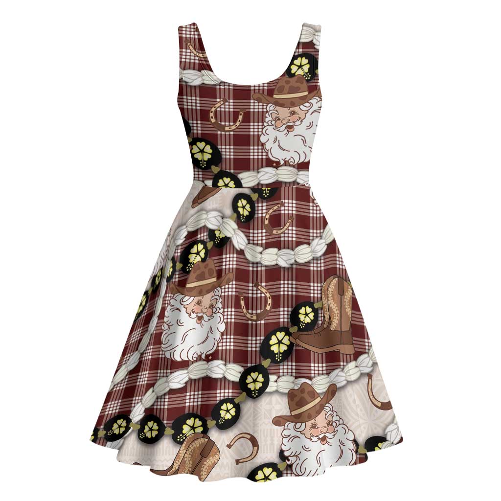 Cowboy Hawaii Mele Kalikimaka Midi Dress Paniolo Kukui Nut Pikake Lei Burgundy Version - Polynesian Pride