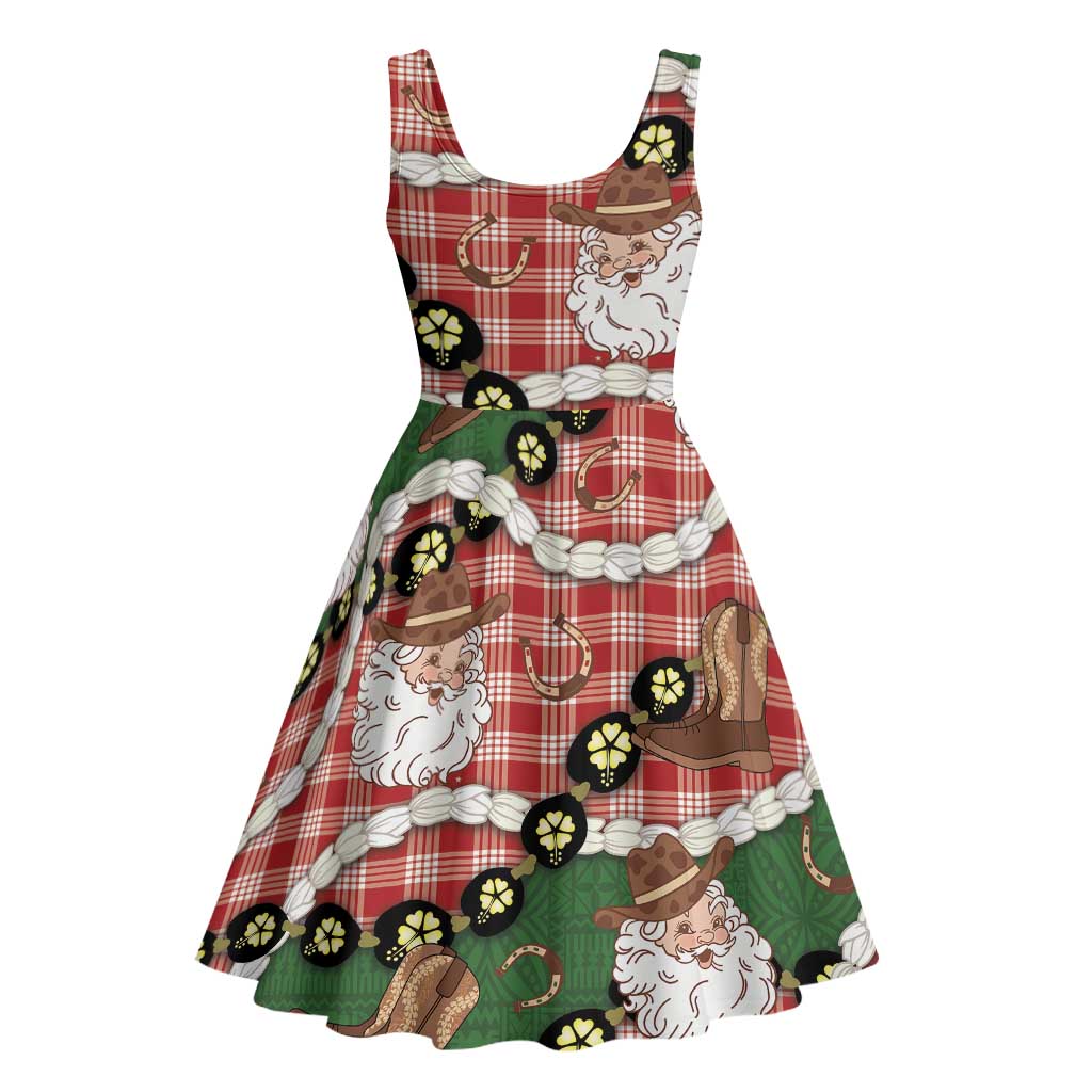 Cowboy Hawaii Mele Kalikimaka Midi Dress Paniolo Kukui Nut Pikake Lei Red Version - Polynesian Pride