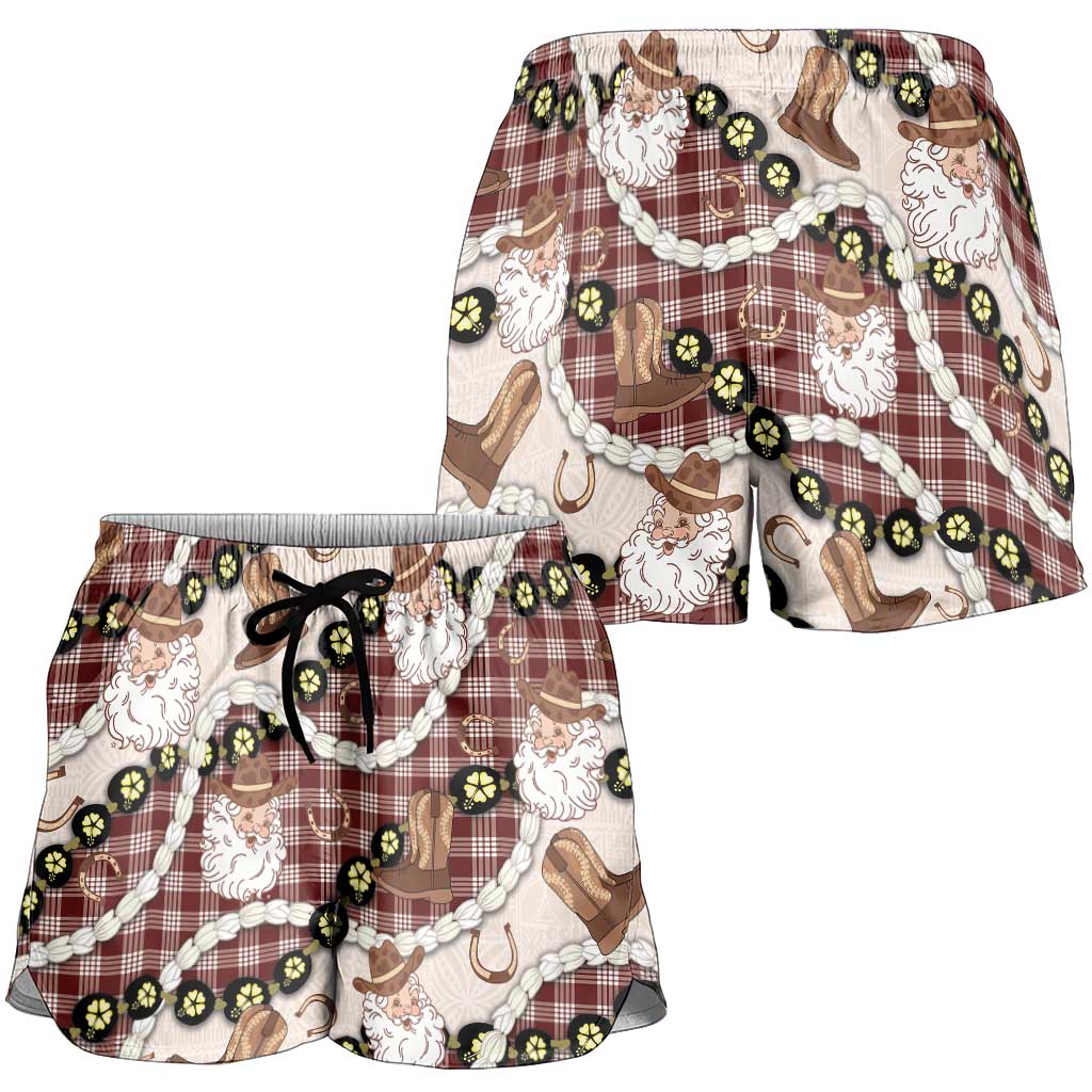 Cowboy Hawaii Mele Kalikimaka Shorts for Women Paniolo Kukui Nut Pikake Lei Burgundy Version - Polynesian Pride