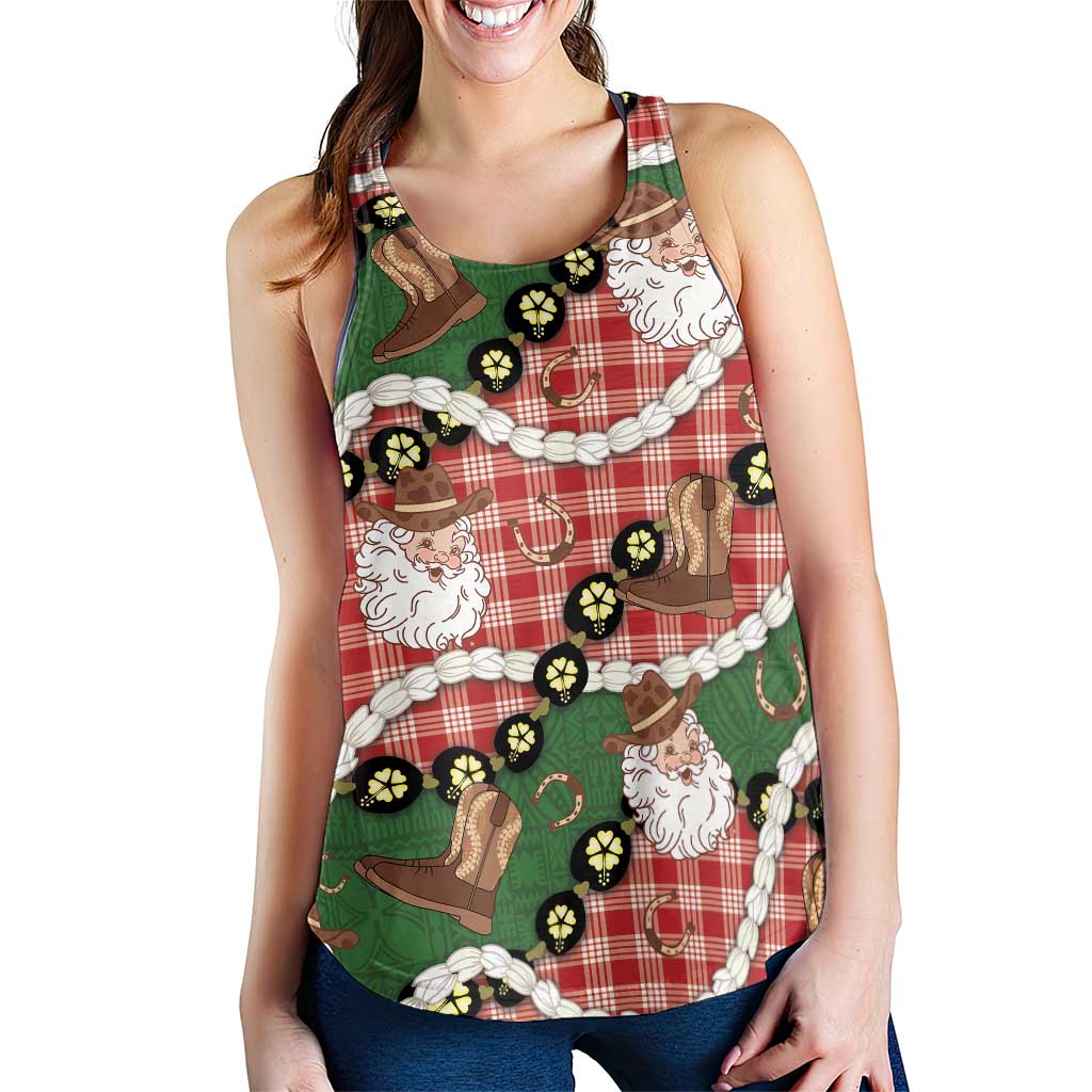 Cowboy Hawaii Mele Kalikimaka Women Racerback Tank Paniolo Kukui Nut Pikake Lei Red Version - Polynesian Pride