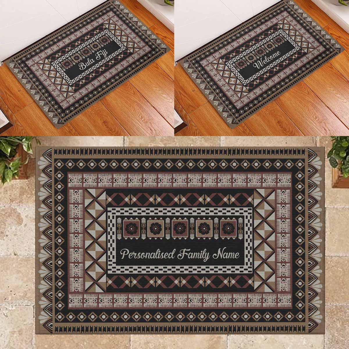 A custom doormat featuring a vintage Fijian Tribal Tapa pattern with a personalized family name at the center.