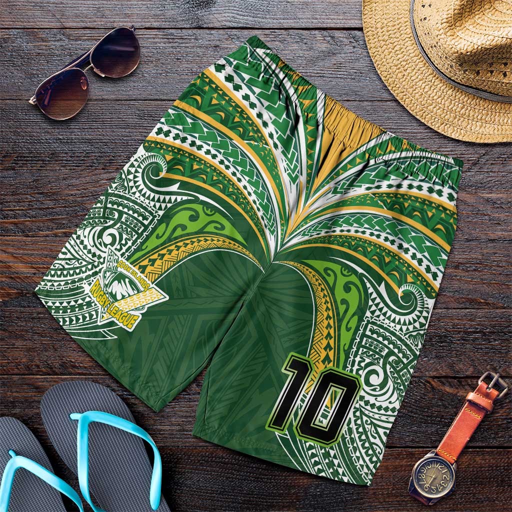 Custom Cook Islands Rugby League Shorts for Men Tatau Tribal Motifs-Dark Green Color - Polynesian Pride