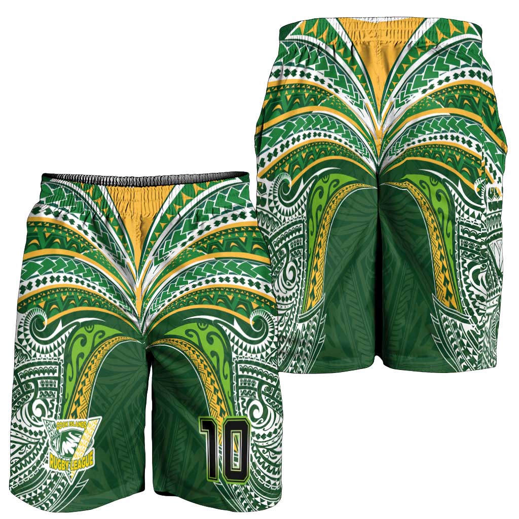 Custom Cook Islands Rugby League Shorts for Men Tatau Tribal Motifs-Dark Green Color - Polynesian Pride