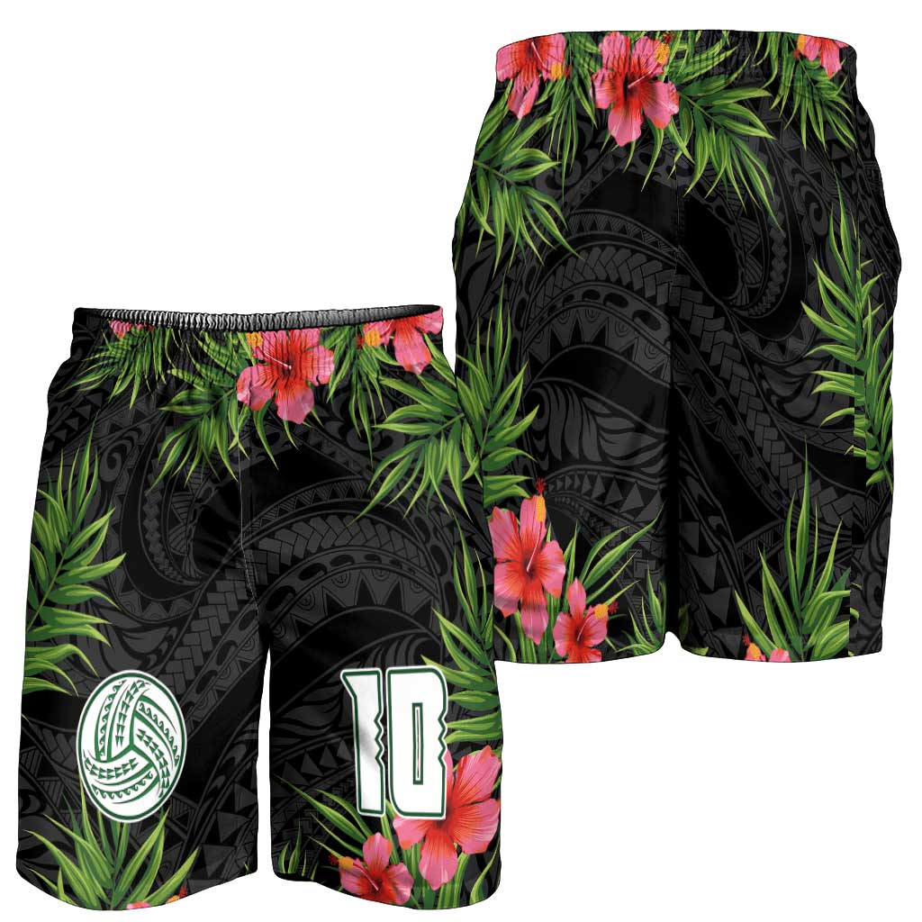Custom Hawaii Volleyball Shorts for Men Kakau Abstract and Tropical Plants Black Color - Polynesian Pride
