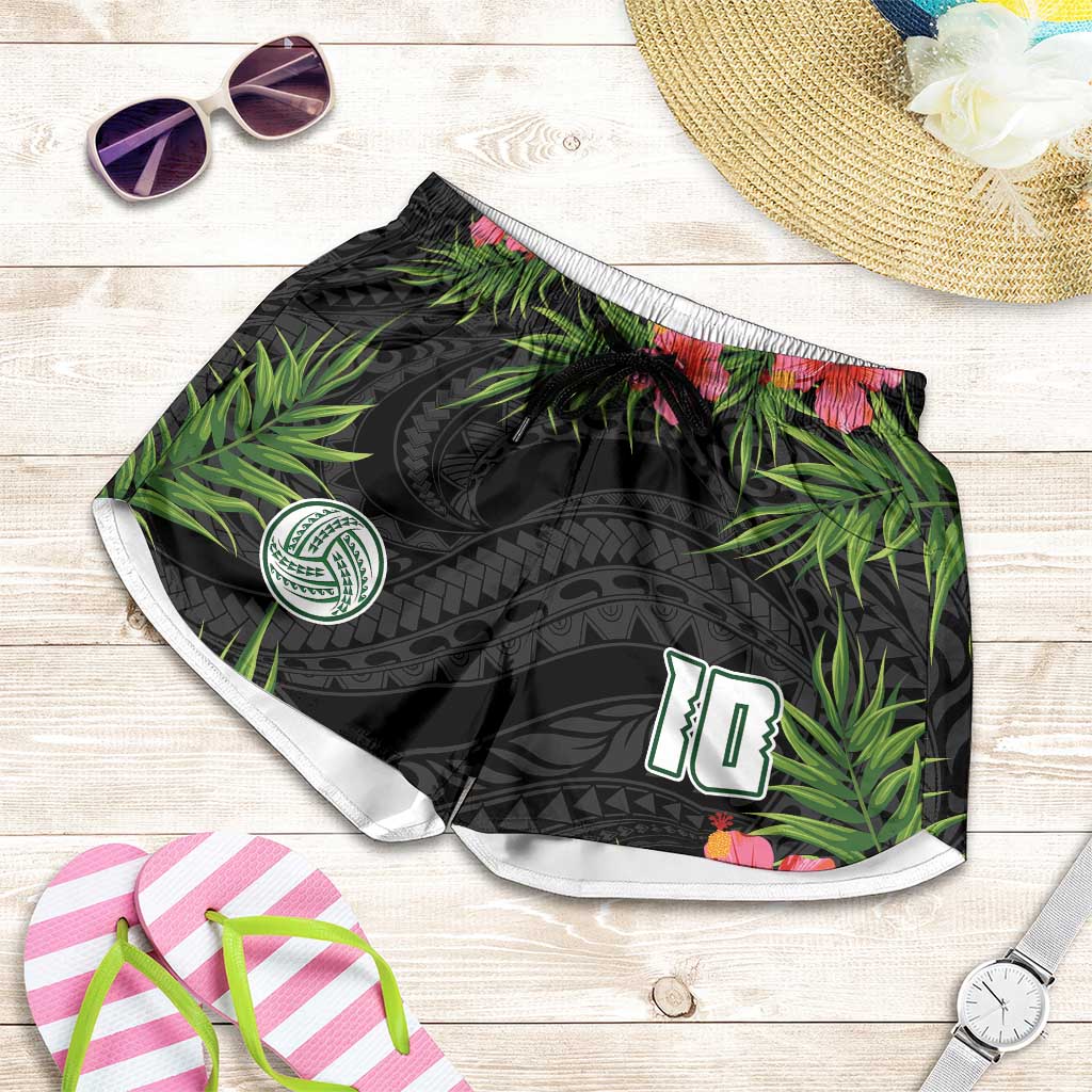 Custom Hawaii Volleyball Shorts for Women Kakau Abstract and Tropical Plants Black Color - Polynesian Pride