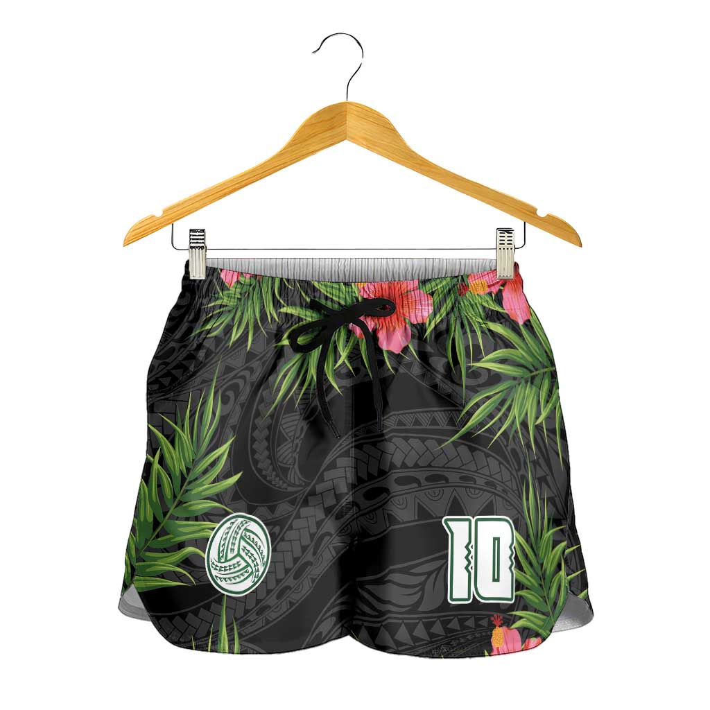 Custom Hawaii Volleyball Shorts for Women Kakau Abstract and Tropical Plants Black Color - Polynesian Pride