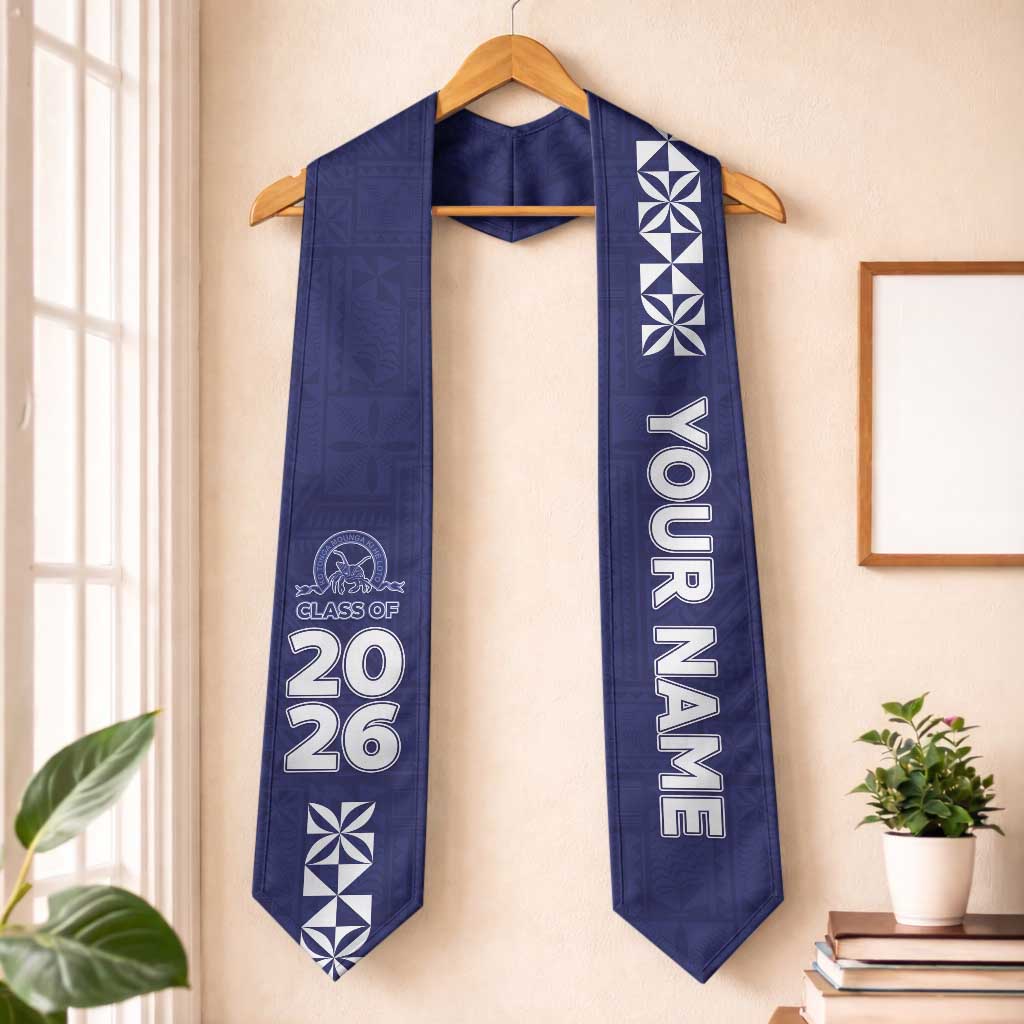 Custom Queen Salote College Graduation Stole Tongan Ngatu Pattern LT05 One Size Navy - Polynesian Pride