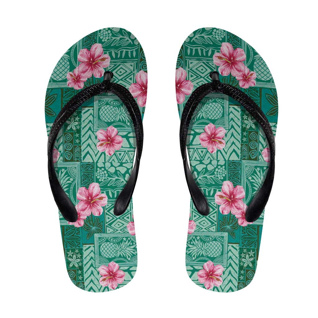 Cyan Hawaii Hibiscus Tropical Flowers Motifs Flip Flops LT14 Cyan - Polynesian Pride