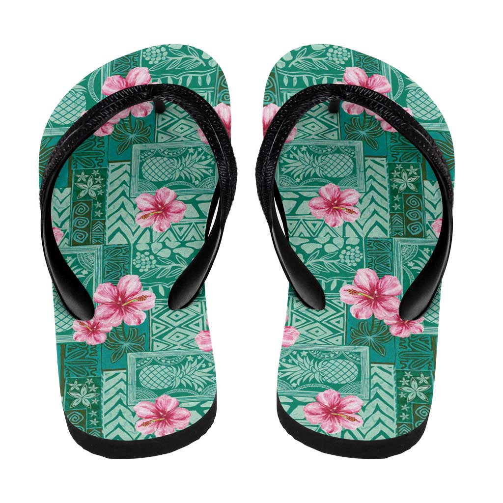 Cyan Hawaii Hibiscus Tropical Flowers Motifs Flip Flops LT14 - Polynesian Pride